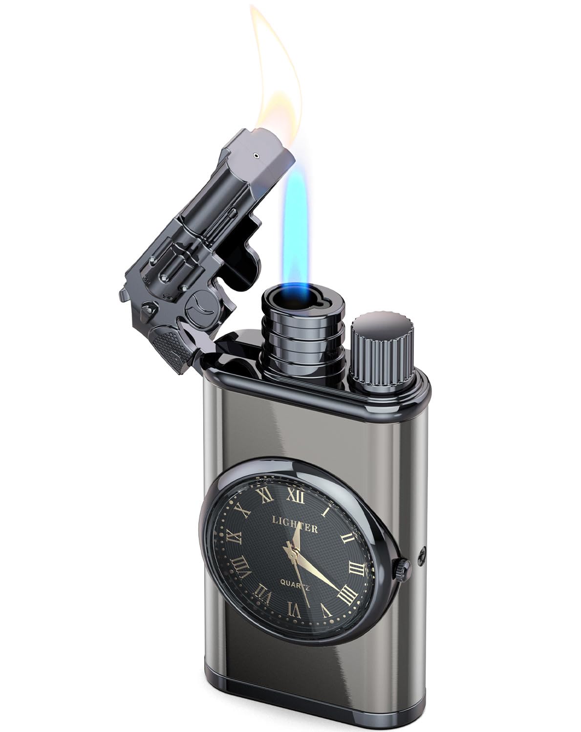Vintage Gun Pistol Lighter, Cool Watch Lighter for Men, Dual Flame - Soft Flame & Torch Lighter