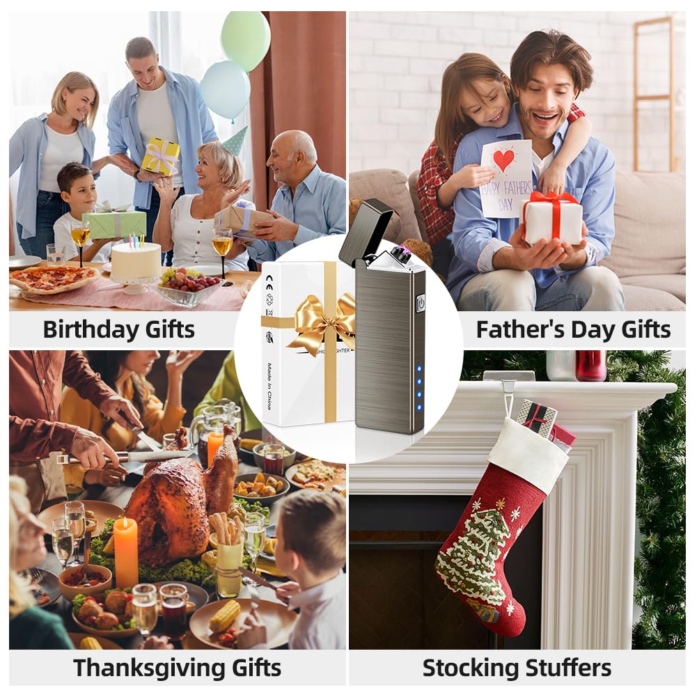 LcFun Fathers Day Dad Gifts, Electric Lighter USB Rechargeable Windproof Flameless Plasma Dual Arc Lighter Small Metal Pocket Lighters for Camping, Birthday Gifts for Men Husband (Nickel Brushed)